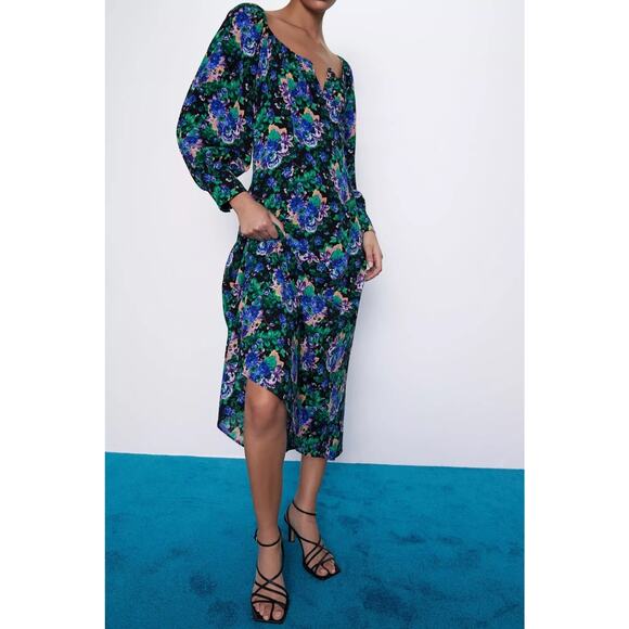 [Zara] Black Blue Floral Print Square Neck Peasant Midi A-Line Dress Sz Medium M - Picture 1 of 12